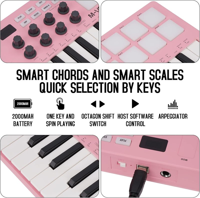 M-VAVE 25 Key USB MIDI Keyboard Controller With 8 Backlit Drum Pads, Bluetooth Semi Weighted Professional dynamic keybed 8 Knobs and Music Production,Software Included (Pink) - Image 5